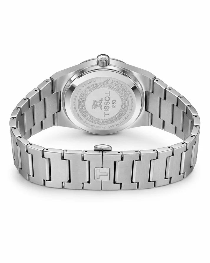 Tissot PRX Silver Tiffany Dial Quartz Watch - back view showing stainless steel case and integrated bracelet