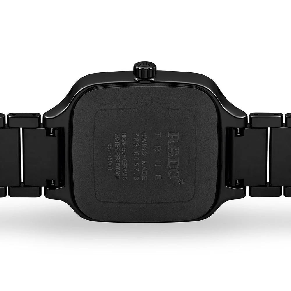 Rado True Square Diamonds - caseback showing Swiss Made True ceramic engraving