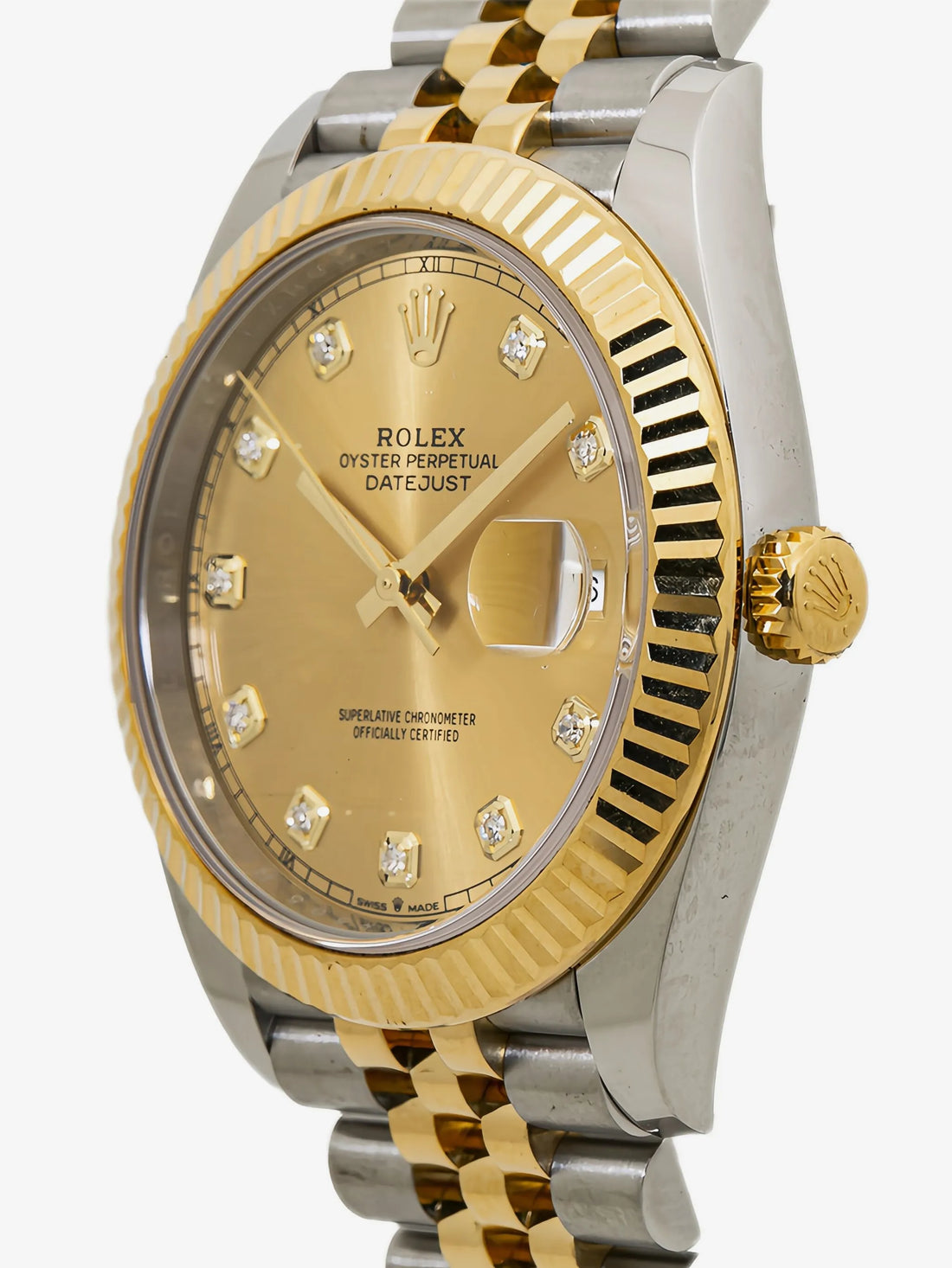 Rolex Datejust 41 Champagne Diamond - close-up front showing diamond hour markers and date window at 16