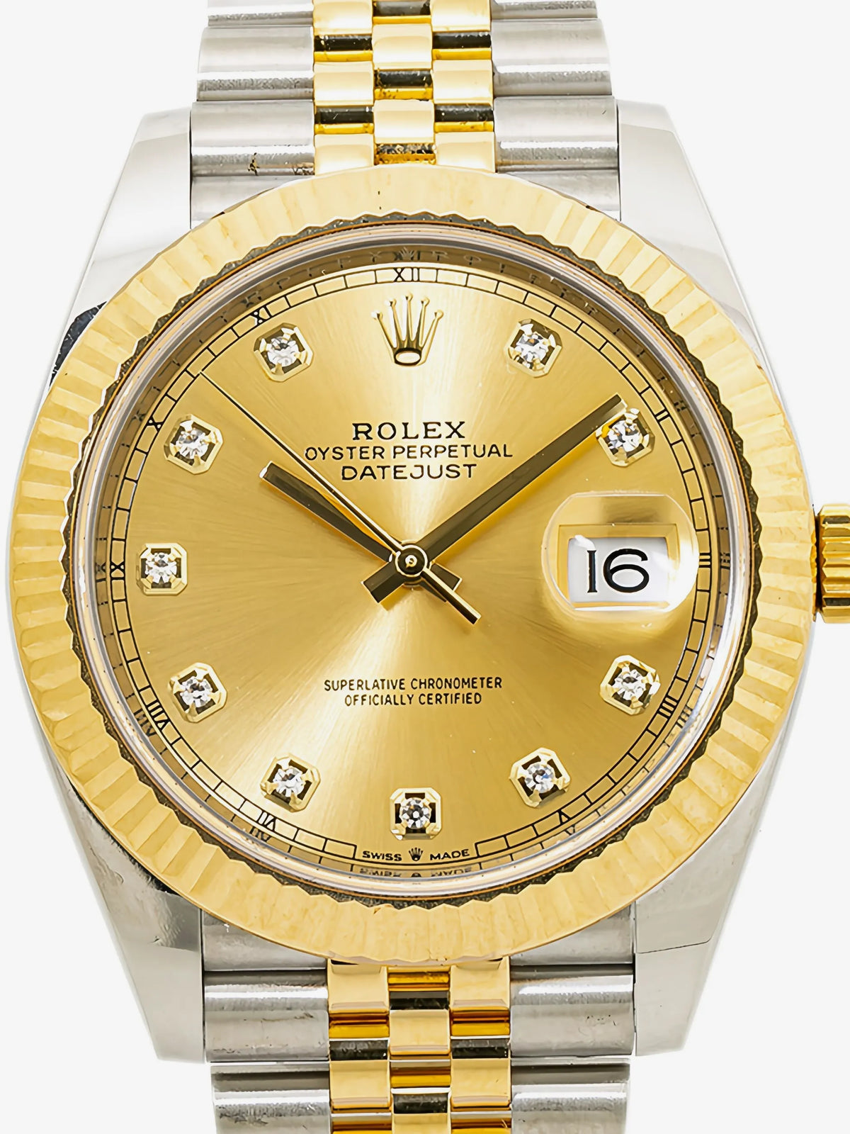 Rolex Datejust 41 Champagne Diamond Dial - front view showing full champagne dial and two-tone Jubilee bracelet