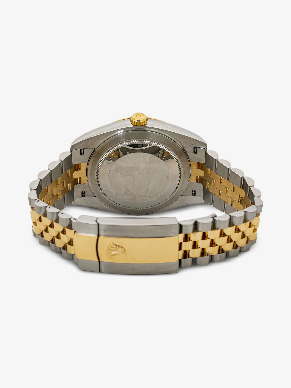 Rolex Datejust 41 - rear caseback view showing Oyster case and two-tone Jubilee bracelet clasp