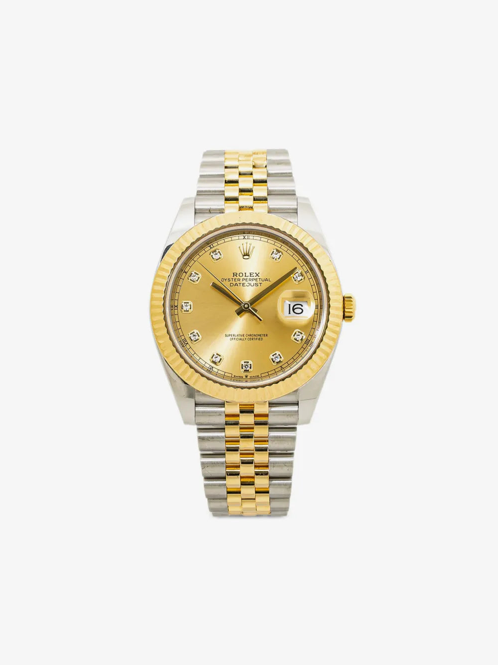 Rolex Datejust 41 Champagne Diamond - close-up front showing diamond hour markers and date window at 16