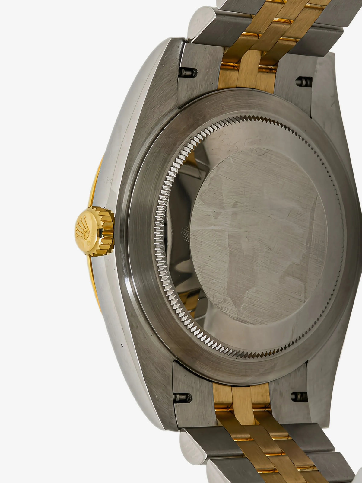 Rolex Datejust 41 - close-up caseback and crown side profile showing gold crown detail