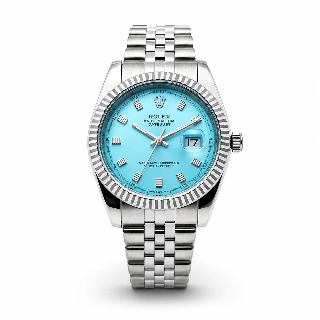 Rolex Datejust Ice Blue Diamond Dial - clean white background front view showing fluted bezel and diamond markers