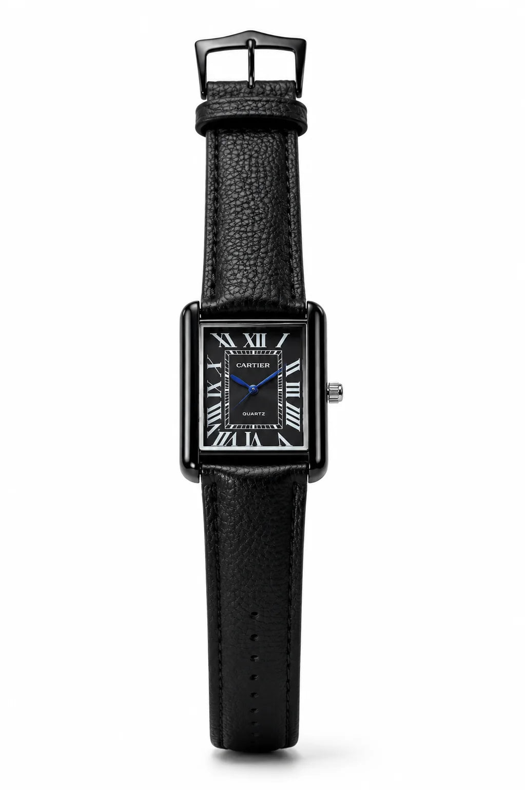 Cartier Tank Must Black Edition - angled three-quarter view showing pebbled black leather strap and case profile