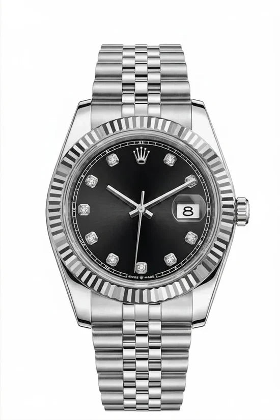 Luxury Silver Stainless Steel Men's Watch front view showing fluted bezel and Jubilee bracelet