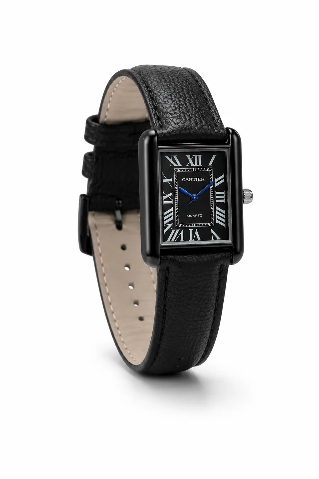 Cartier Tank Must Black Edition - front view showing all-black case, Roman numeral dial and blue sword hands
