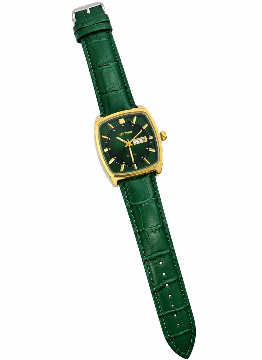 BESTWIN Men's Gold Case Forest Green Dial Quartz Watch with matching green croc-embossed leather strap