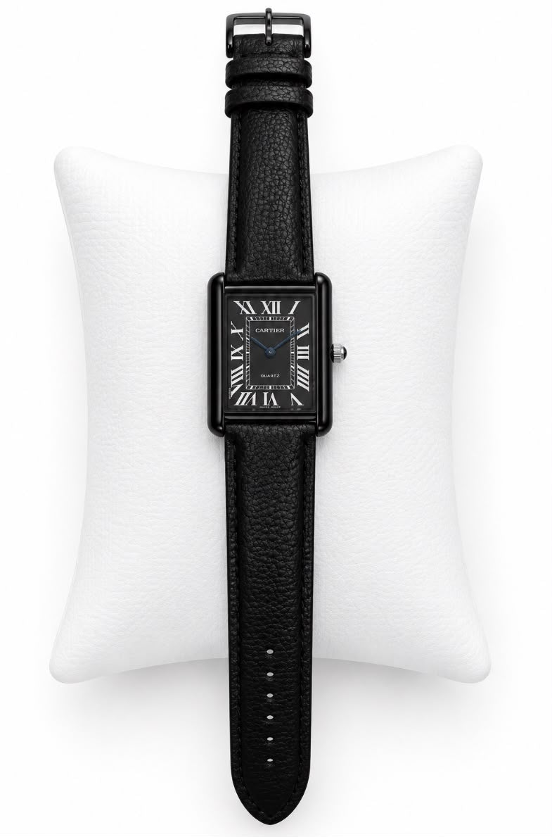 TD Watch Men's Square Black Textured Dial Quartz Watch with Day-Date & Black Leather Strap