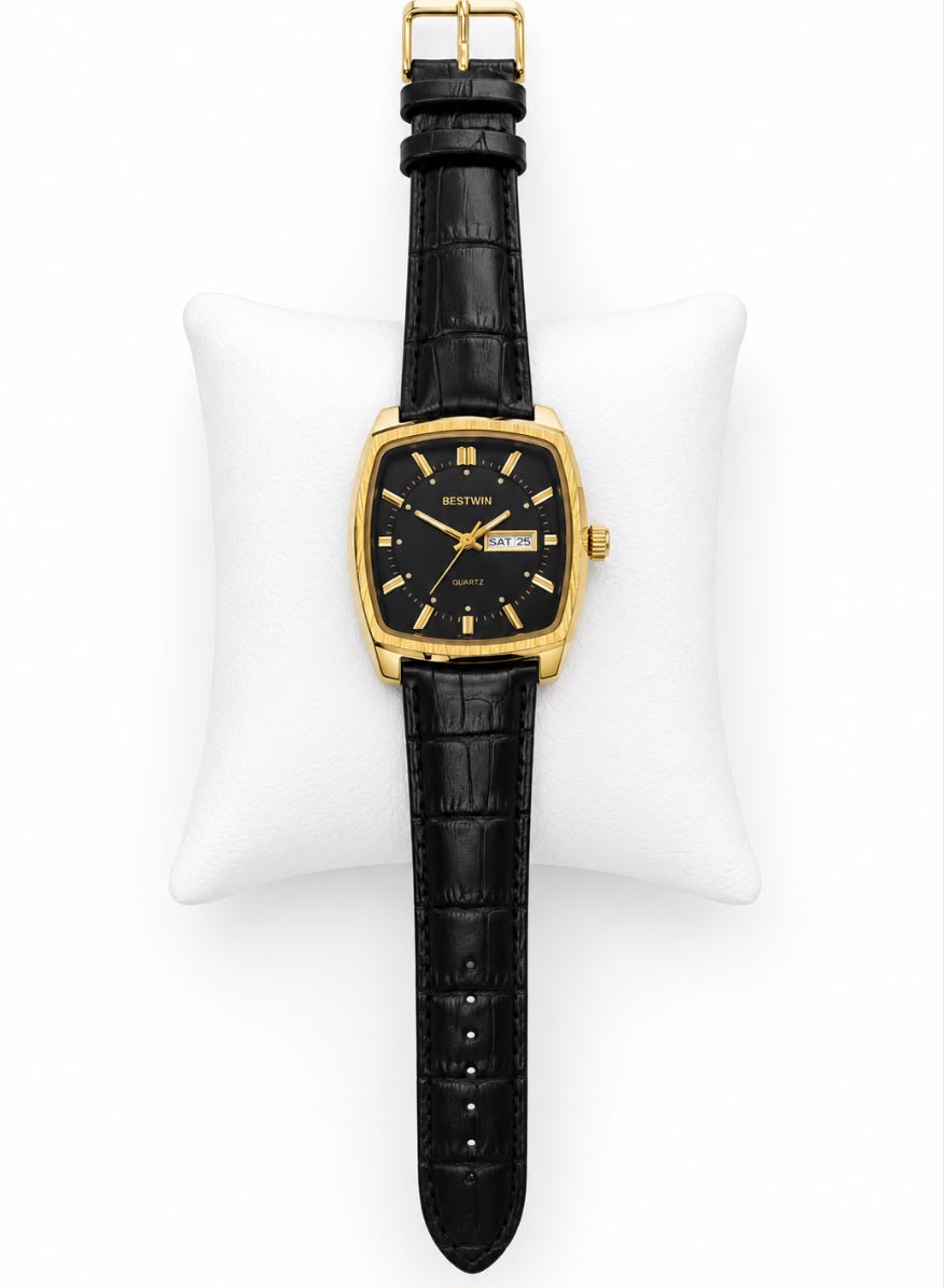 BESTWIN Men's Gold Case Black Dial Quartz Watch with croc-embossed leather strap on display pillow