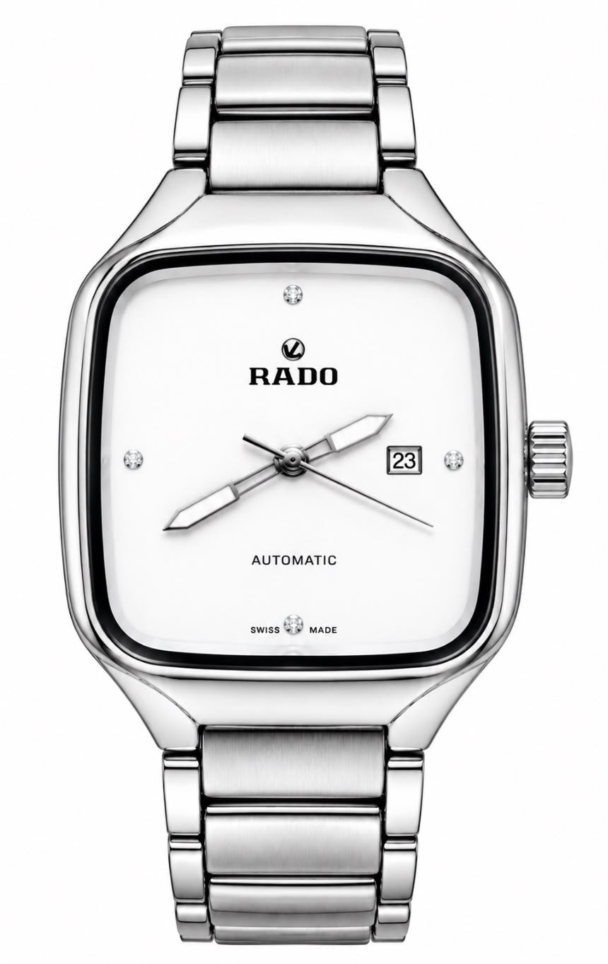 Rado True Square Automatic White Diamond Dial Swiss Made Watch with integrated steel bracelet - front view on white background