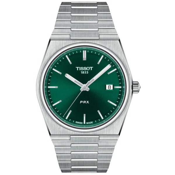 Tissot PRX Quartz Green Dial - front view showing sunburst green dial and integrated steel bracelet