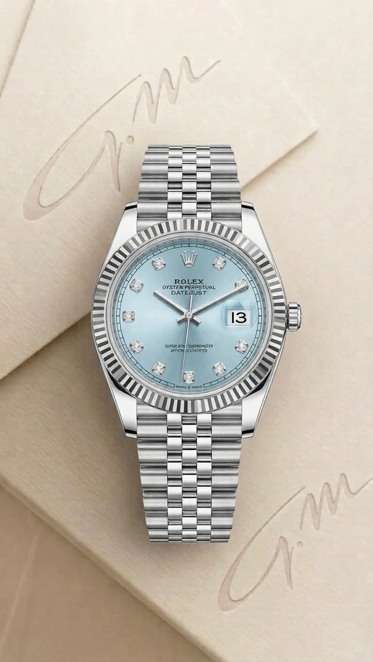 Rolex Datejust Ice Blue Diamond Dial - clean white background front view showing fluted bezel and diamond markers