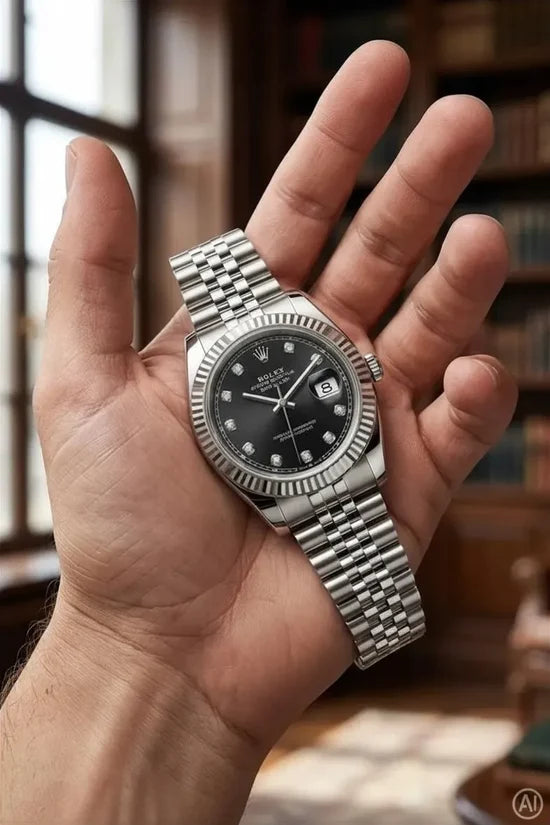 Luxury Silver Stainless Steel Men's Watch held in hand showing black diamond dial
