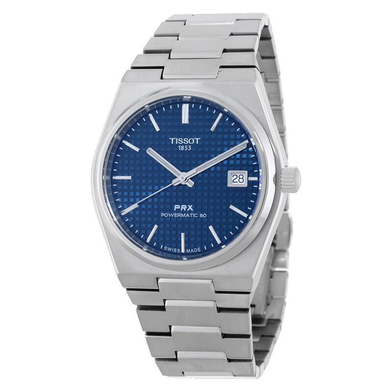Tissot PRX Powermatic 80 Blue Dial - front view showing checkerboard dial and integrated bracelet