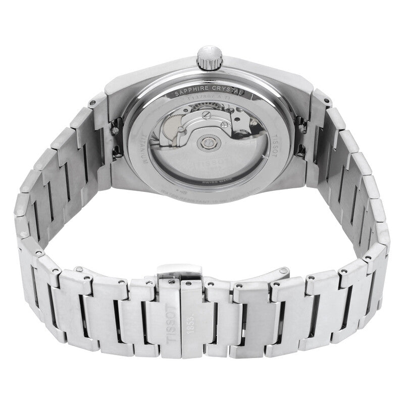 Tissot PRX Powermatic 80 - caseback view showing sapphire crystal exhibition back and automatic rotor